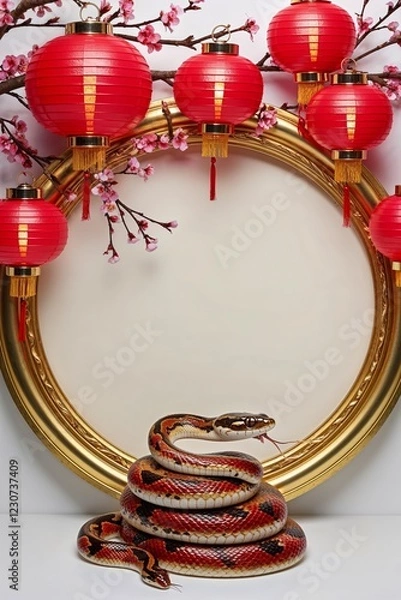 Fototapeta Circular Frame With Red Lanterns and Cherry Branches With Snake