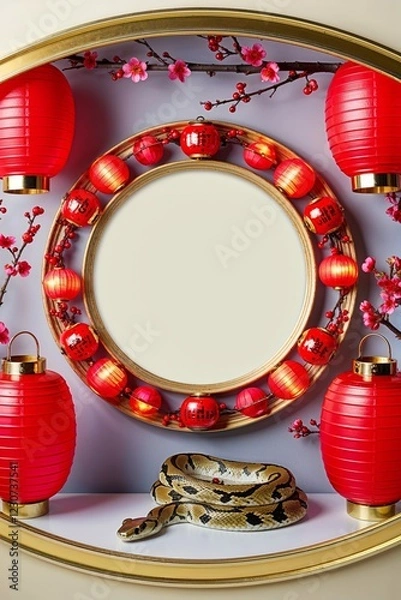 Fototapeta Circular Frame With Red Lanterns and Cherry Branches With Snake