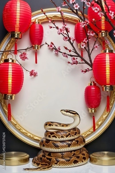 Fototapeta Circular Frame With Red Lanterns and Cherry Branches With Snake