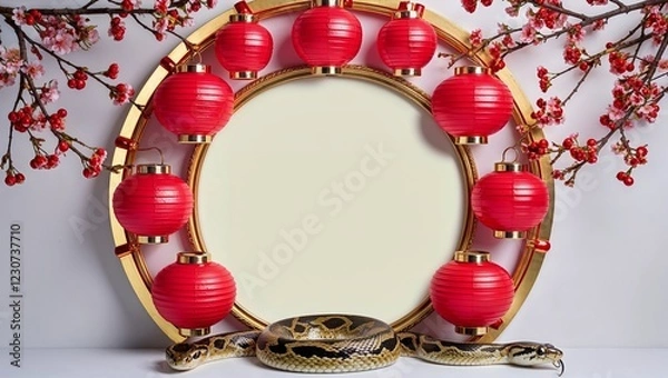 Fototapeta Circular Frame With Red Lanterns and Cherry Branches With Snake