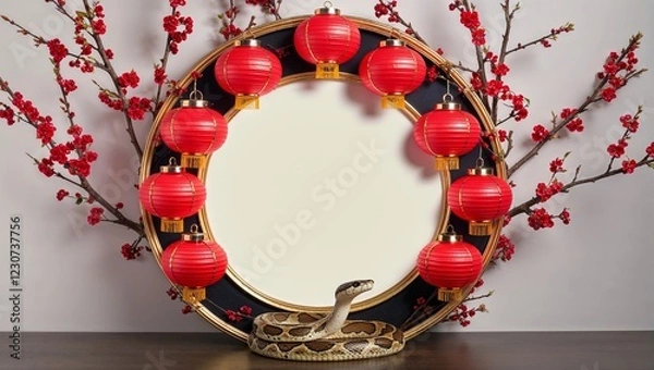Fototapeta Circular Frame With Red Lanterns and Cherry Branches With Snake