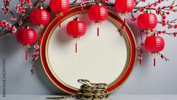 Fototapeta Circular Frame With Red Lanterns and Cherry Branches With Snake