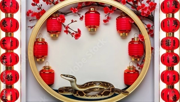 Fototapeta Circular Frame With Red Lanterns and Cherry Branches With Snake