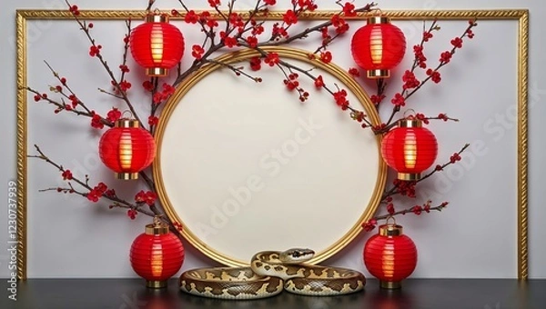 Fototapeta Circular Frame With Red Lanterns and Cherry Branches With Snake