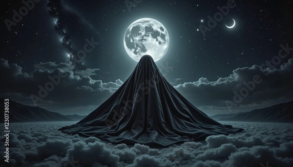 Fototapeta Mystical silhouette draped in moonlight clouds at midnight, dreamscape