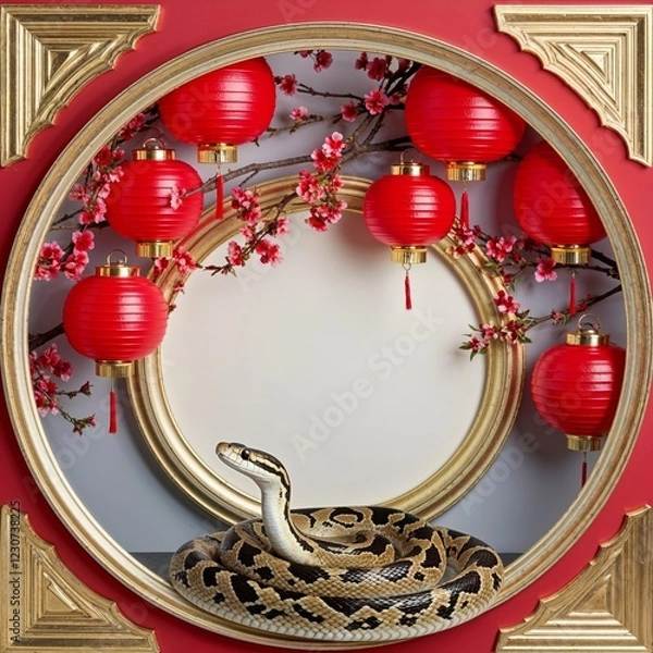 Fototapeta Circular Frame With Red Lanterns and Cherry Branches With Snake
