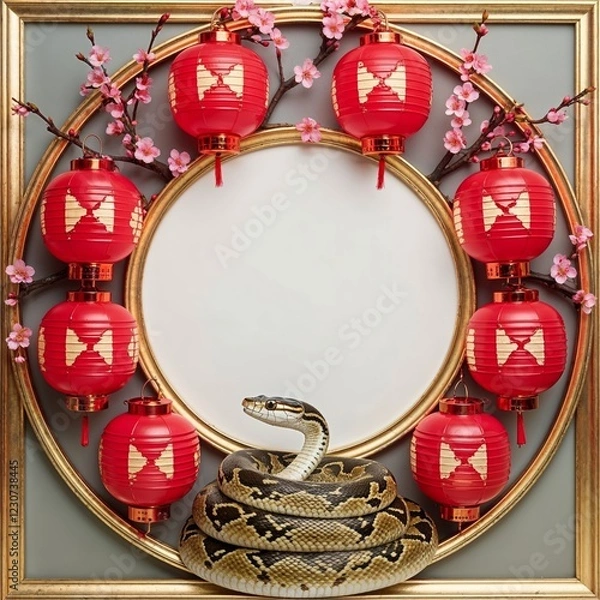 Fototapeta Circular Frame With Red Lanterns and Cherry Branches With Snake