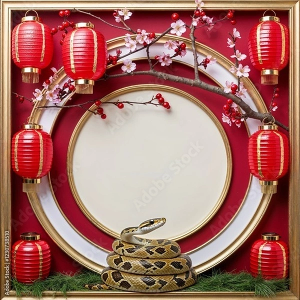 Fototapeta Circular Frame With Red Lanterns and Cherry Branches With Snake