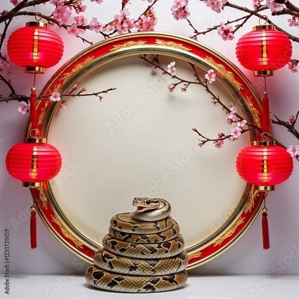 Fototapeta Circular Frame With Red Lanterns and Cherry Branches With Snake