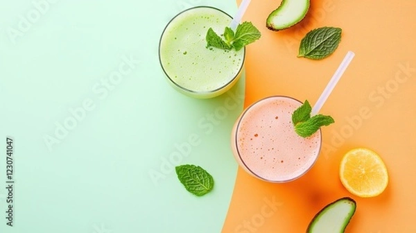 Fototapeta   Two green and pink smoothies next to cucumber and mint on an orange background