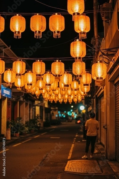 Fototapeta Lanterns Hanging in Streets in Chinese New Year