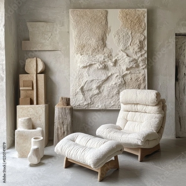 Fototapeta A white chair and ottoman are in a room with a white wall. There is a large white painting on the wall