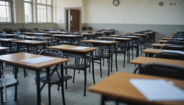 Fototapeta empty classroom, rows of desks, natural light, windows, chalkboard, clock on wall, institutional setting, fluorescent lighting, wooden chairs, linoleum floor, educational environment, quiet atmosphere
