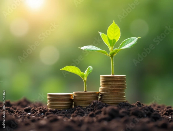 Fototapeta Investments – A Growing Plant with Coins as Soil Symbolizing Financial Growth