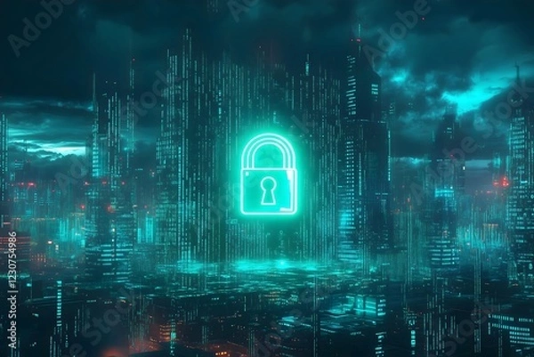 Fototapeta Futuristic Digital Security Lock with Neon Lights - Cybersecurity and Data Protection Concept Background in a Vibrant Virtual Tunnel