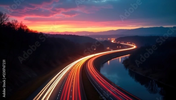 Fototapeta Highway at night with long exposure. Cars moving fast. Colorful lights streaks. Beautiful landscape view with dark hills, calm river. Scenic night drive scene. Cityscape at twilight. Urban landscape