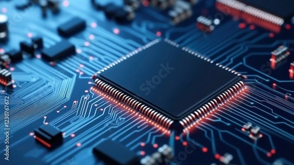 Obraz Close-up View of a Modern Circuit Board with Microprocessor and Electronic Components in Blue Tones