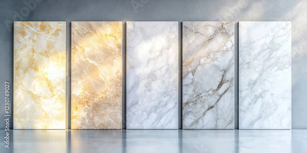 Fototapeta Different marble slabs samples displayed in a showroom, a wide selection of natural marble stone flooring for floor finishes, construction store