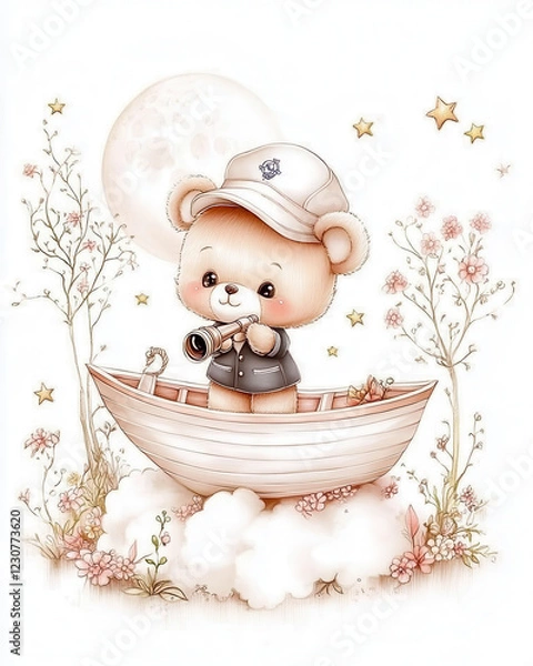 Fototapeta Cute bear in boat with camera, surrounded by flowers and stars, creating whimsical and dreamy atmosphere