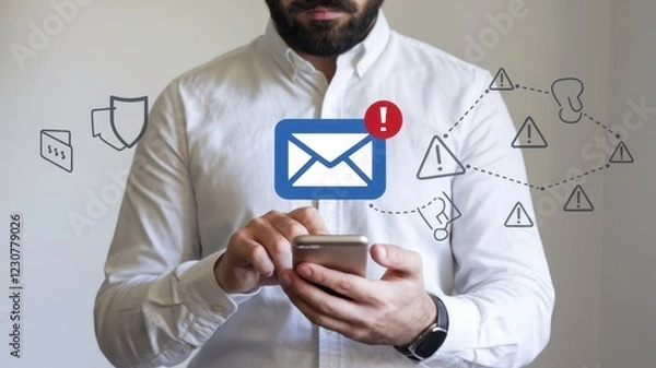 Fototapeta Email Security Risk: A Man Checks Suspicious Email on His Smartphone