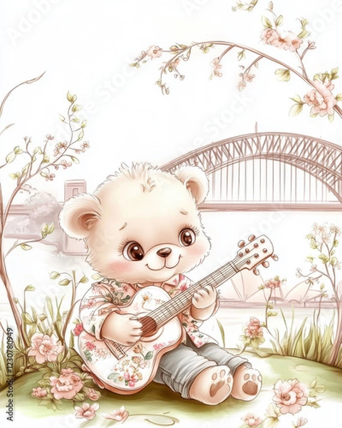 Fototapeta Cute bear playing guitar in floral setting with bridge in background. illustration captures whimsical and joyful atmosphere, perfect for children art