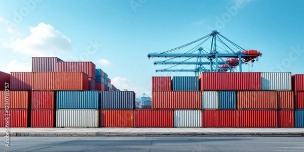 Obraz Shipping container terminal with colorful cargo boxes and large crane. International trade and logistics hub. Commercial port infrastructure for global freight transport
