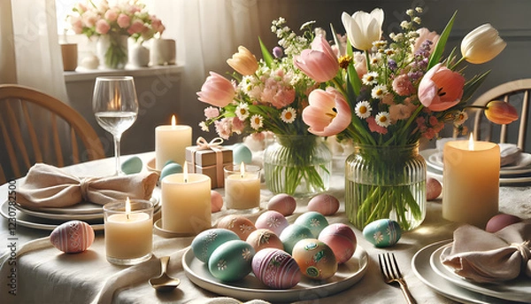 Obraz Elegant Easter Table Setting with Tulips, Decorated Eggs, and Candles