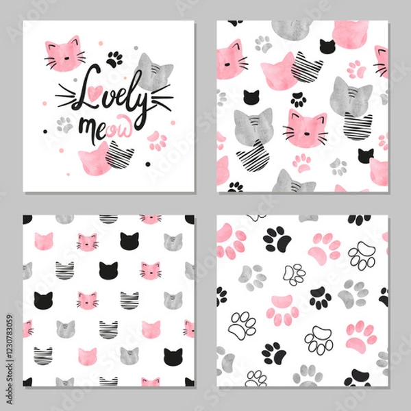Fototapeta Cats patterns set. Cartoon cat heads vector illustration. Nursery design, animal paws print