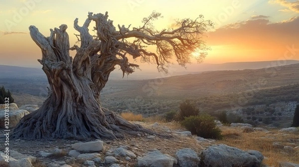 Fototapeta A gnarled, withered tree stands at dawn in Israel