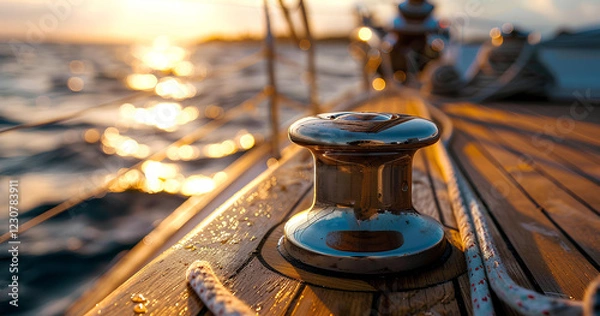 Fototapeta Sunset over the calm sea, showcasing a polished cleat on a sailboat deck, capturing the essence of peaceful nautical adventures