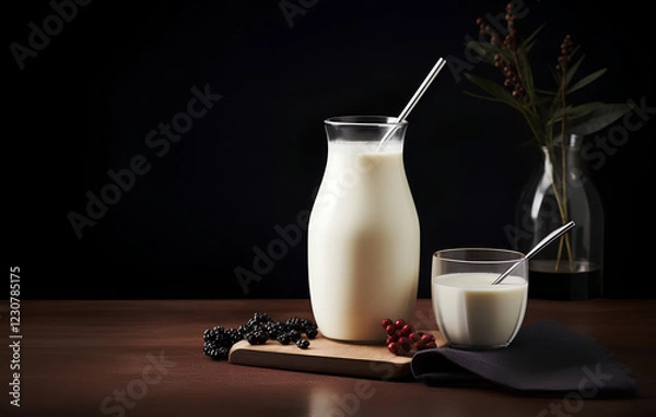Fototapeta Creamy milk in a glass and pitcher on a wooden board with blackberries and a dark background creating an elegant, moody atmosphere in the kitchen