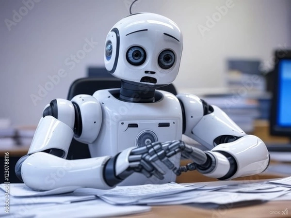 Fototapeta A humanoid robot sits at a desk, appearing overwhelmed by paperwork.  Its expression conveys stress and possibly confusion.