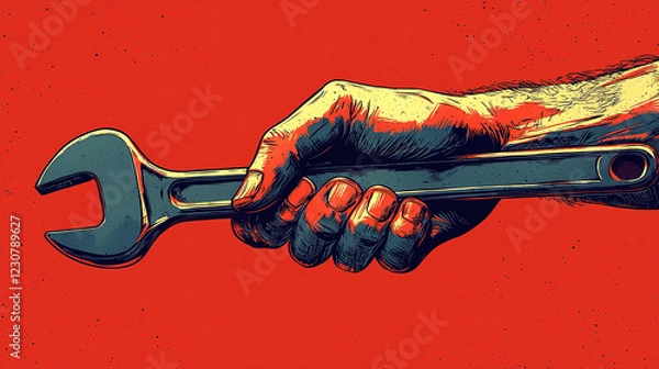 Fototapeta Construction worker holding wrench tight on red background