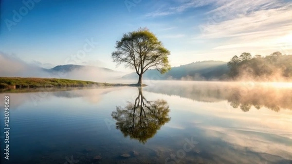 Fototapeta Lone tree stands alone on a serene hill overlooking a still lake in the misty morning, calm, serenity,  calm, serenity, landscape