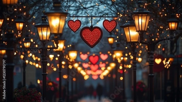 Fototapeta Elegant Street Lamps Decorated with Heart Shapes and Rosy Lights for Valentine's Day -