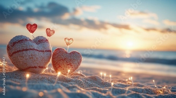 Fototapeta Coastal Valentine's Scene with Sandy Beach Decorated with Hearts and Fairy Lights -