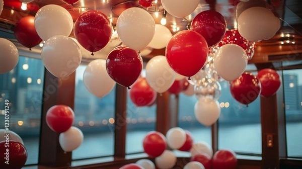 Fototapeta Festive Decor on a River Cruise for Valentine's Day with Red and White Balloons -