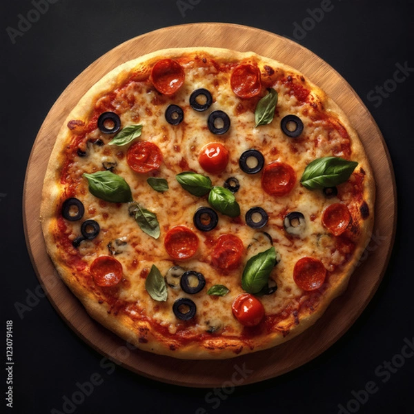 Obraz Tomato and Sweet Pizza with Green Leaves and Black Olives