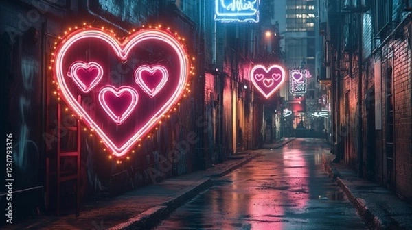 Fototapeta Valentine's Day City Center with Heart-Shaped Neon Signs and Romantic Street Art -