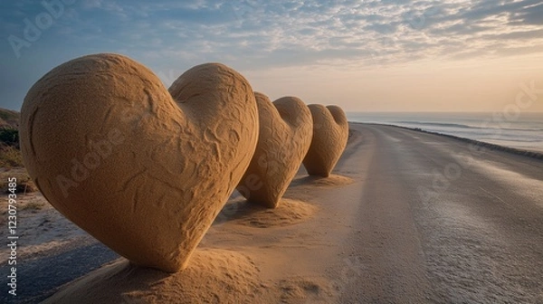 Fototapeta Valentine's Day Decor Along a Coastal Road with Heart-Shaped Sand Sculptures -