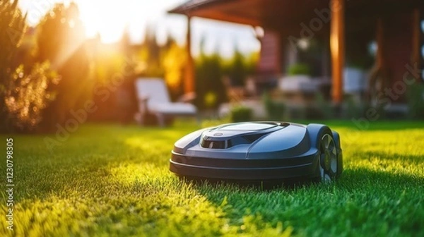 Fototapeta A smart robotic lawn mower with AI navigation, trimming grass in a well-maintained backyard.