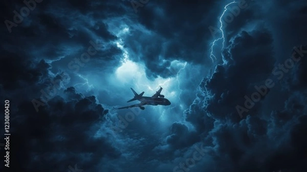 Fototapeta Airplane navigates turbulent stormy clouds with lightning illuminating the sky during nighttime flight. Generative AI