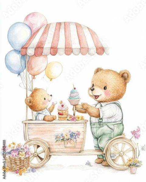 Fototapeta Cute bears enjoying ice cream at colorful cart with balloons and flowers. joyful scene of friendship and sweetness