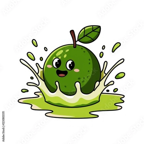 Fototapeta Cute lime cartoon character splashing in its own juice. The lime has a happy expression and is surrounded by a vibrant splash of juice.