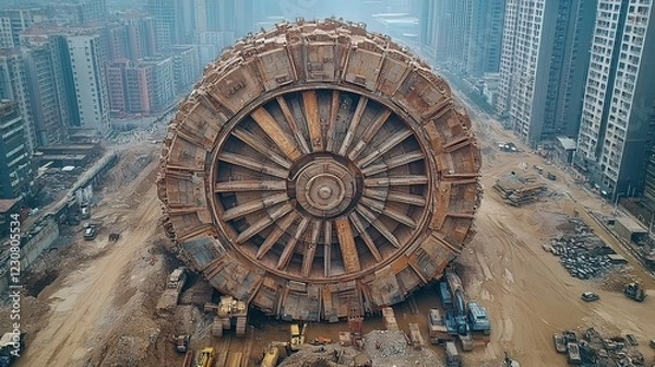 Fototapeta Giant Tunnel Boring Machine Amidst Urban Construction