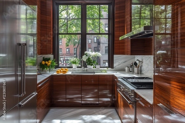 Fototapeta Small yet stylish kitchen with smart storage solutions, bright sunshine chestnut cabinetry, and a high-gloss striped tile backsplash 