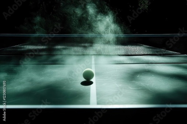 Obraz Table tennis ball on a foggy table in moody lighting