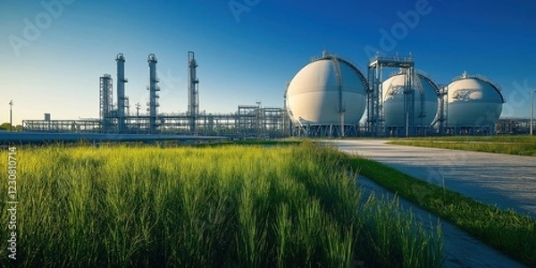 Fototapeta LNG terminal featuring spherical storage tanks, distillation columns, and pipelines, nestled in lush green grass under a clear blue sky at sunset, highlighting natural gas infrastructure