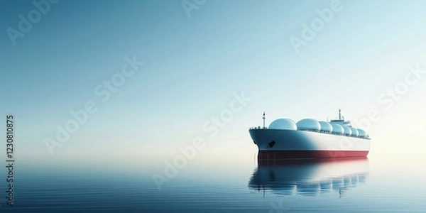 Obraz Sailing gracefully on calm open waters, an LNG tanker ship glides beneath a clear sky during sunrise, evoking a serene and tranquil atmosphere perfect for maritime journeys