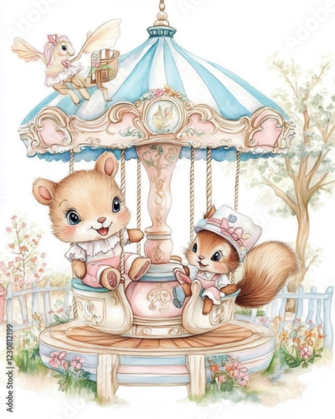 Fototapeta Cute animals on carousel, featuring squirrel and chipmunk, surrounded by flowers and trees, creating whimsical and joyful scene